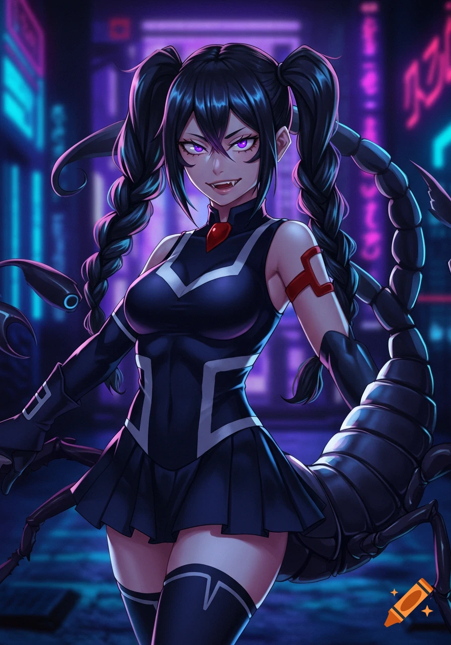 Anime girl with black braided pigtails, purple eyes, fangs, and a scorpion tail, wearing a dark dress in a neon city.