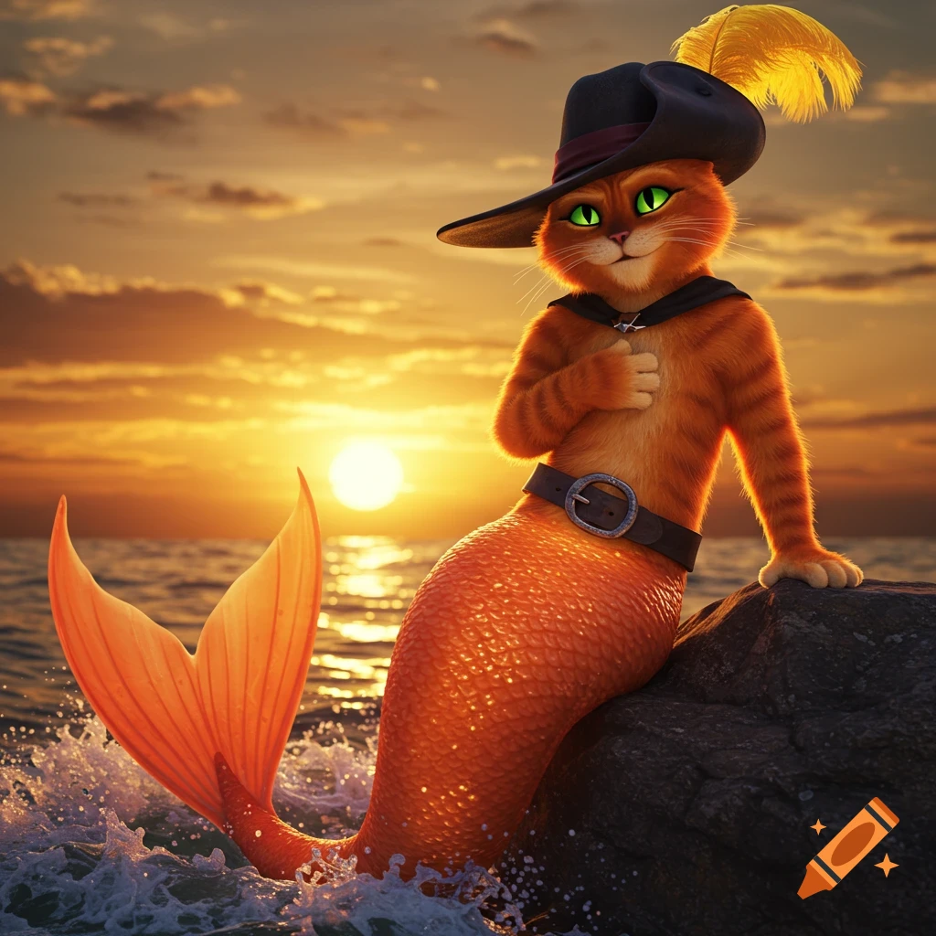Puss in Boots as a mermaid sits on a rock in the ocean at sunset, looking at the viewer with a paw on his chest. Photorealistic 3D render.