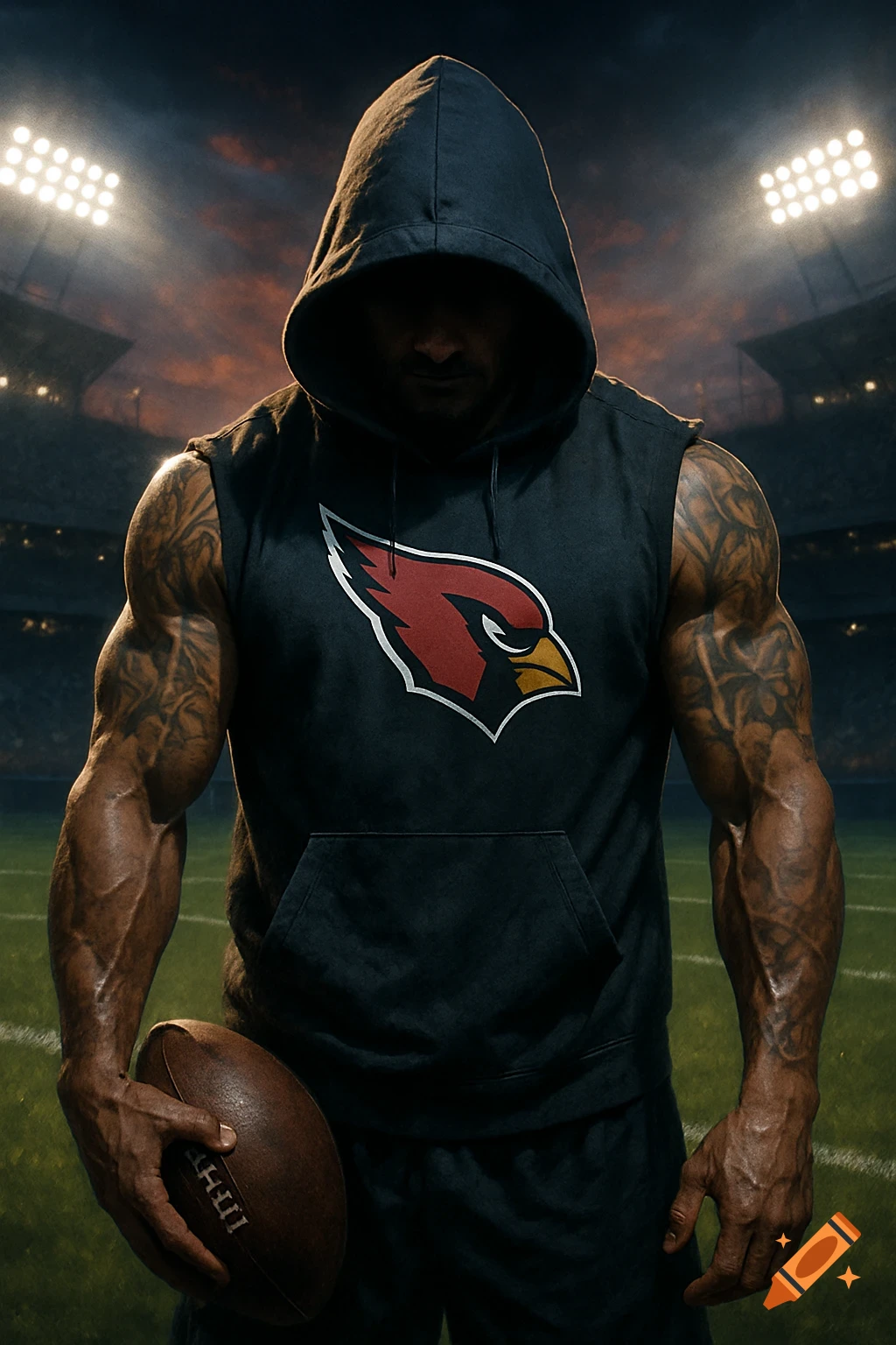 A muscular man in a black hooded sleeveless shirt with tribal tattoos holds a football in a stadium under bright lights.