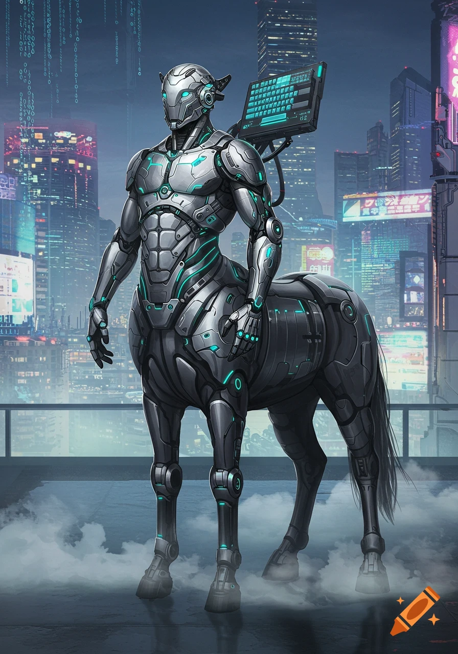 A cybernetic centaur robot with glowing teal accents and a keyboard on its back stands in a neon-lit futuristic city, digital art style.