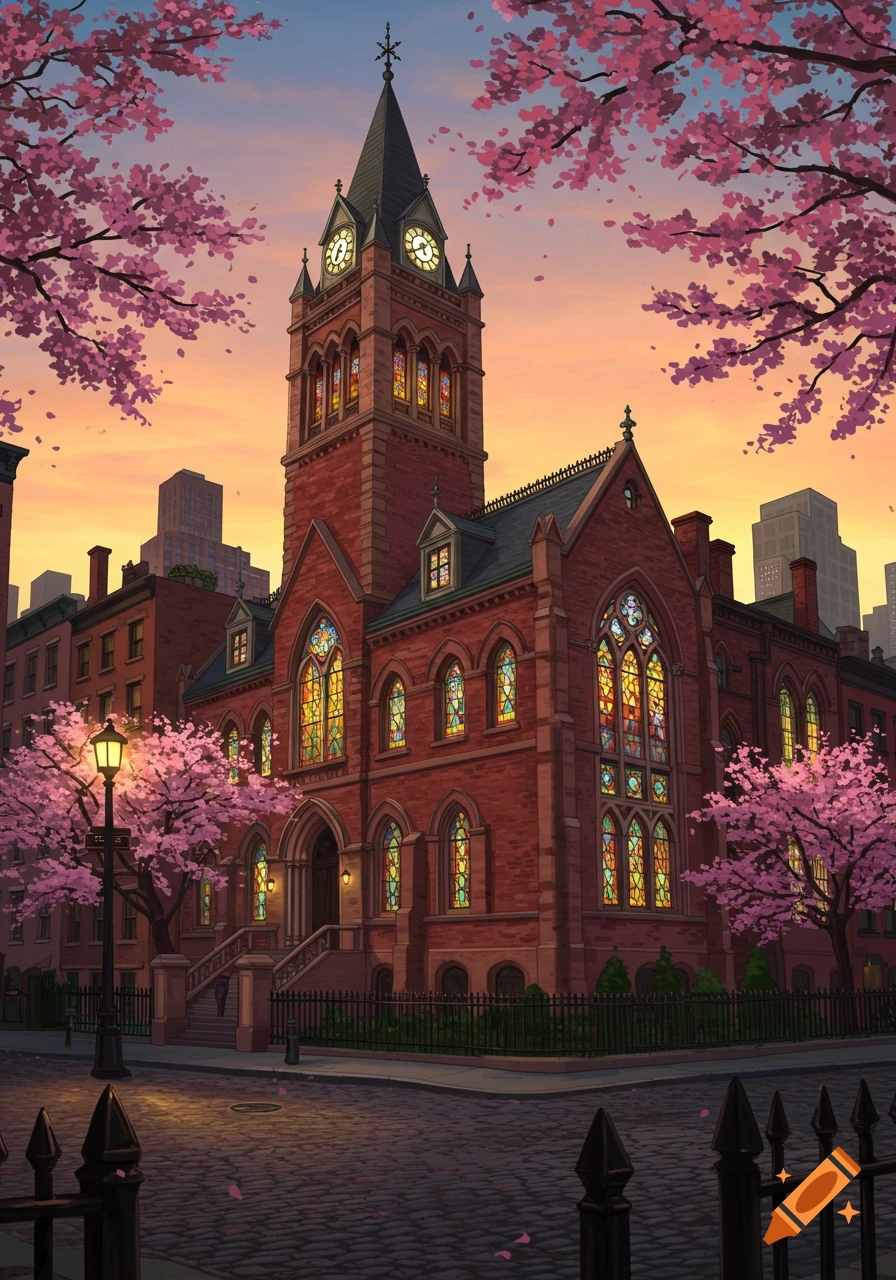 An anime-style illustration of a red brick church or library with a clock tower and colorful stained-glass windows, surrounded by pink cherry blossoms under a sunset sky.