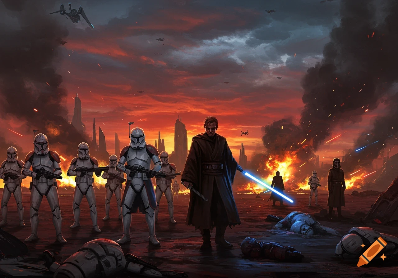 Clone Troopers and a Jedi with a blue lightsaber stand amidst a fiery, war-torn cityscape under a red sky.