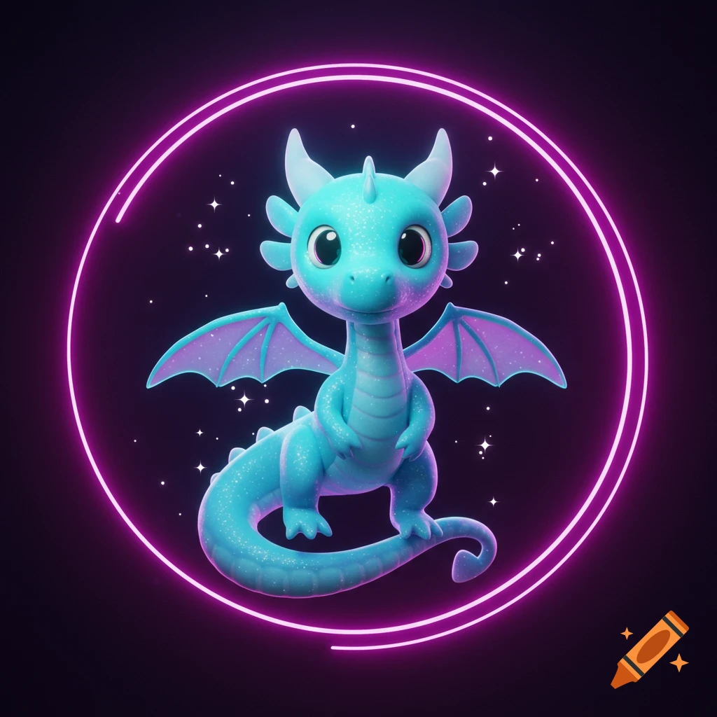 A cute, shimmering aqua and purple dragon sits within a glowing neon pink circle with tiny stars on a dark background.