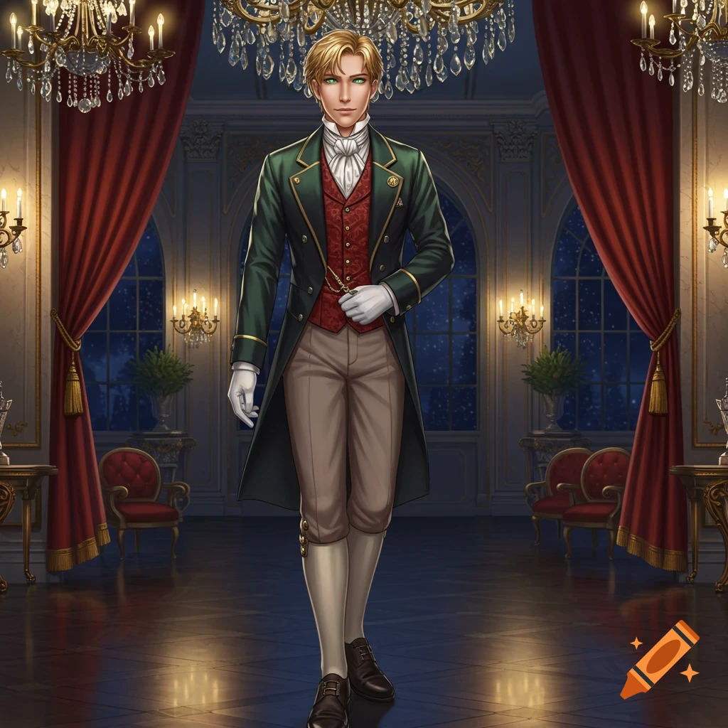 A handsome man with golden hair and green eyes in a green frock coat and Victorian attire stands in an ornate ballroom.