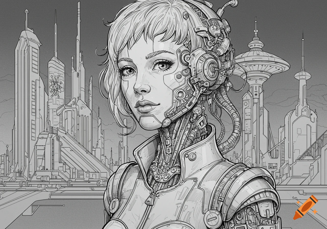 Detailed line drawing of a futuristic woman with mechanical elements on her face and neck, set against a backdrop of a science fiction cityscape.