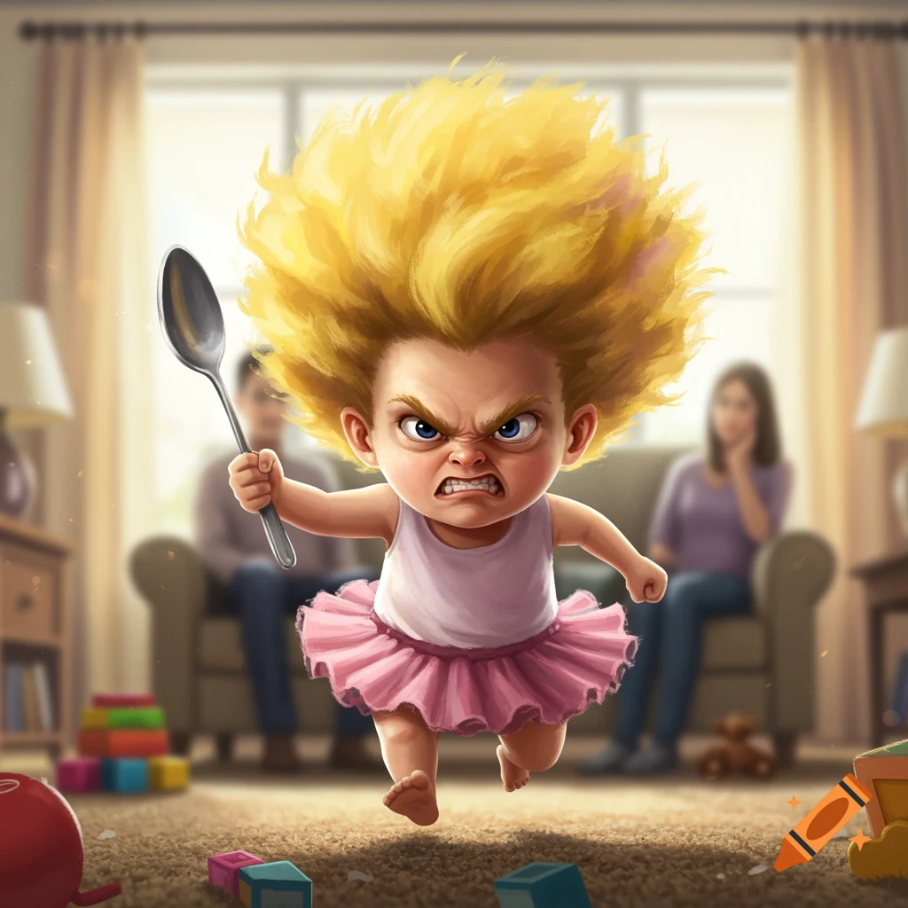 A cartoon of an angry baby with fluffy blonde hair in a pink tutu, holding a spoon and running towards blurred parents in a living room.
