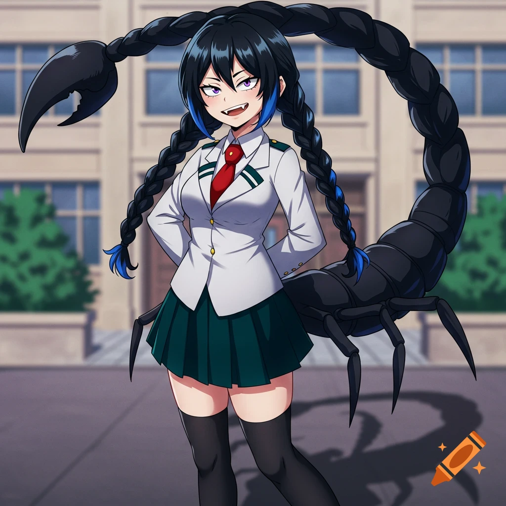 Anime girl with braided black hair, blue highlights, sharp teeth, and purple eyes, wearing a school uniform and a scorpion tail.