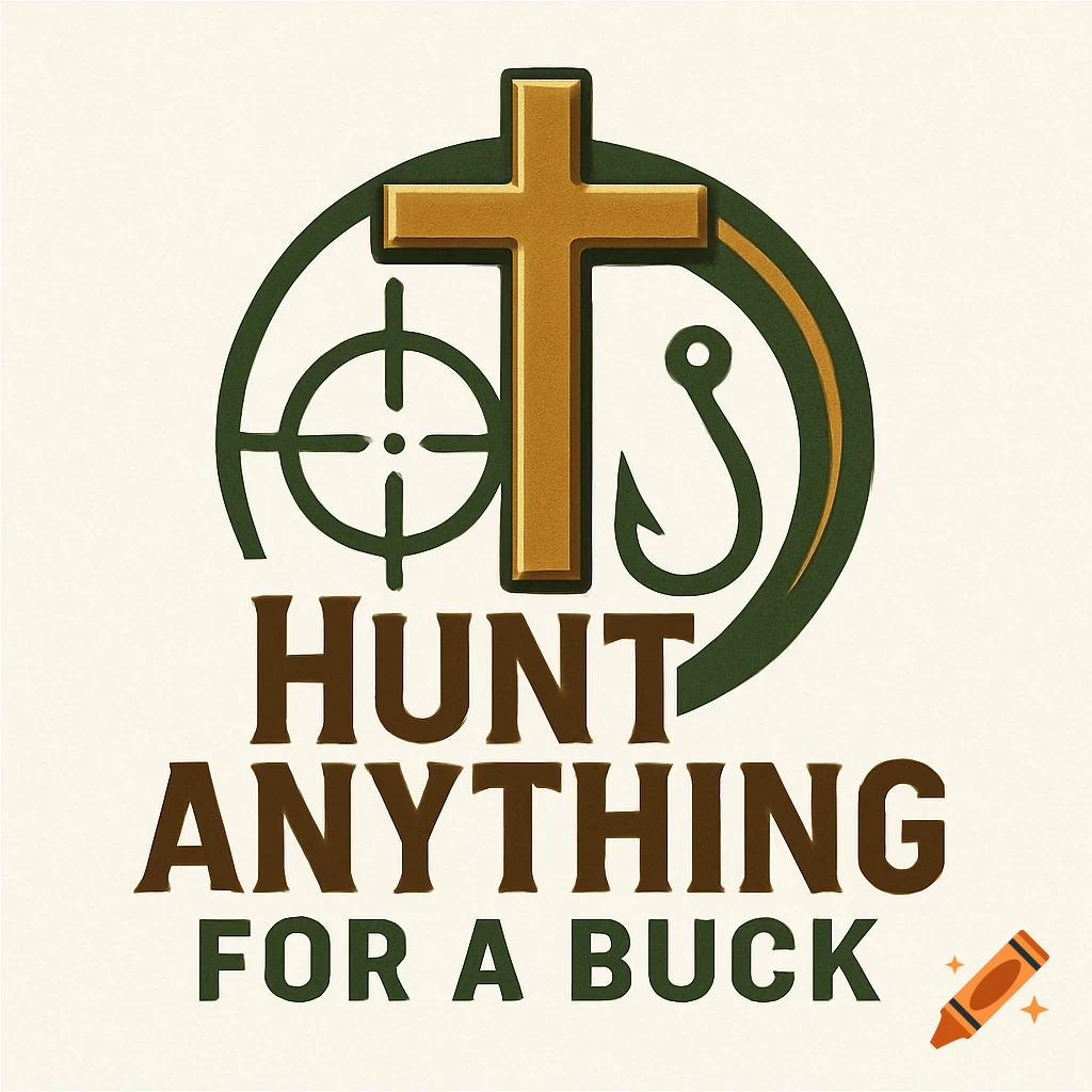Logo with a gold Christian cross, green hunting scope, fishing hook, and text 'HUNT ANYTHING FOR A BUCK'.