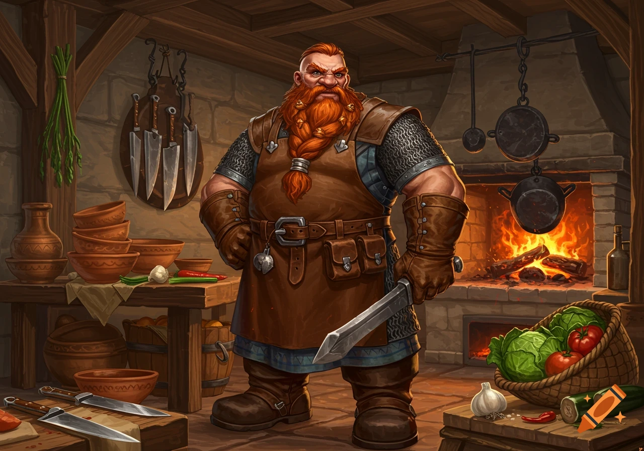 A muscular, red-bearded dwarf chef in a rustic fantasy kitchen, holding a large knife, surrounded by cooking pots and fresh vegetables.