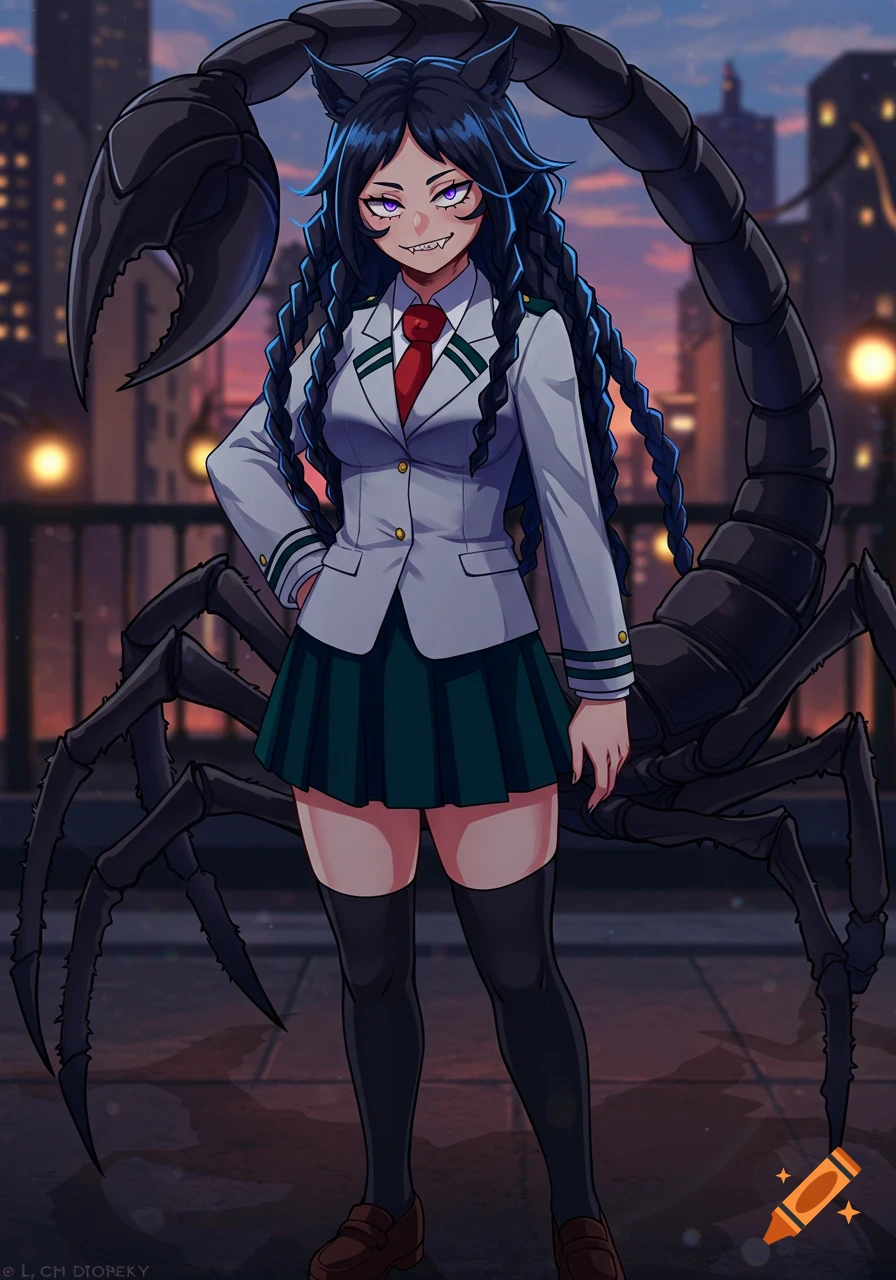 An anime girl in an MHA uniform with black braided hair, purple eyes, sharp fangs, and a large scorpion tail stands in front of a city at night.