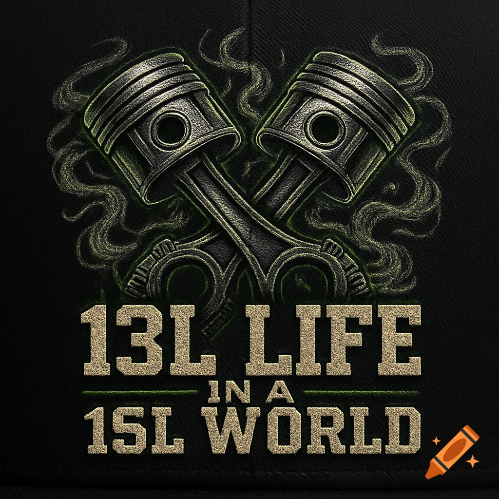 Two crossed diesel pistons with green glowing outlines and smoke on a dark background. Text reads '13L LIFE IN A 15L WORLD' in an embroidered style.