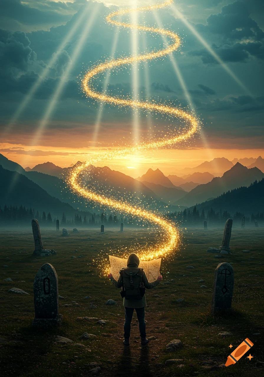 A hiker with a glowing map follows a spiraling golden light path through a misty mountain landscape with ancient stones at sunset.