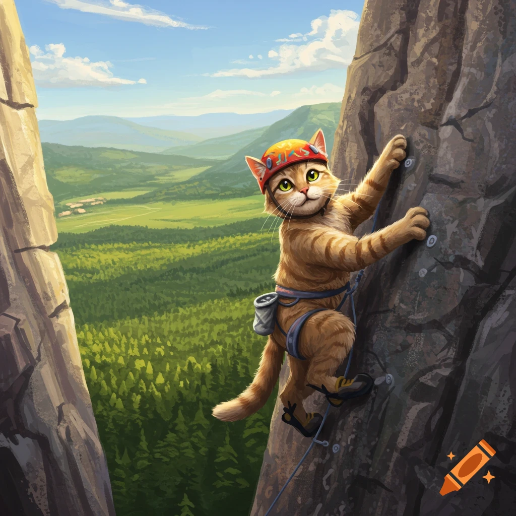 A tan striped cat wearing a red helmet and climbing harness rock climbs a cliff face with a green valley in the background, in an illustrative style.