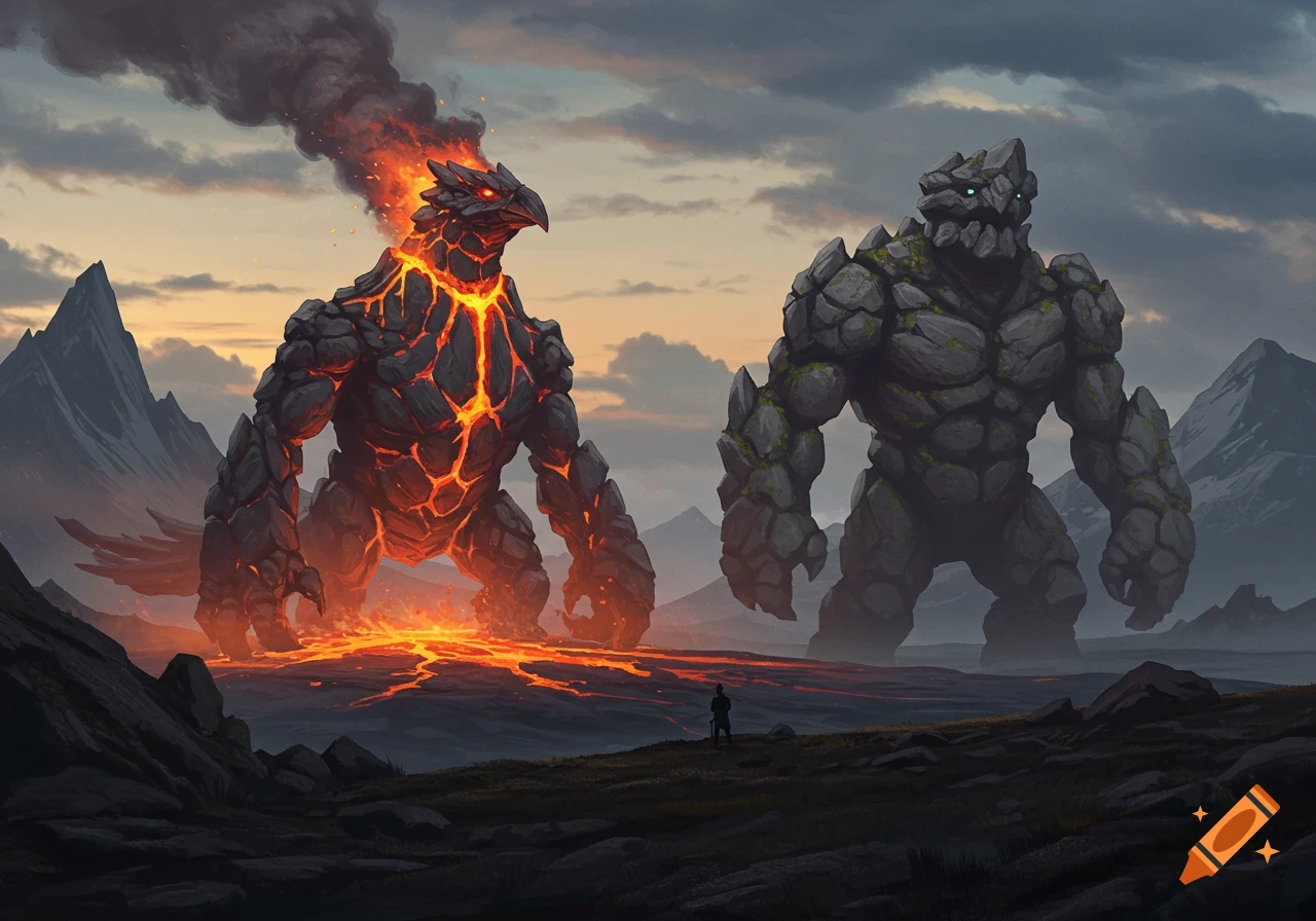 Colossal lava-rock and stone monsters stand in a volcanic landscape at sunset, dwarfing a tiny human figure.