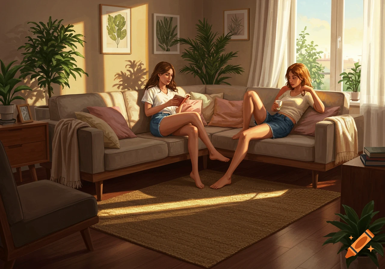 Two women relax in a sunlit living room; one reads a book, the other holds a cup. Features plants and warm lighting, stylized illustration.