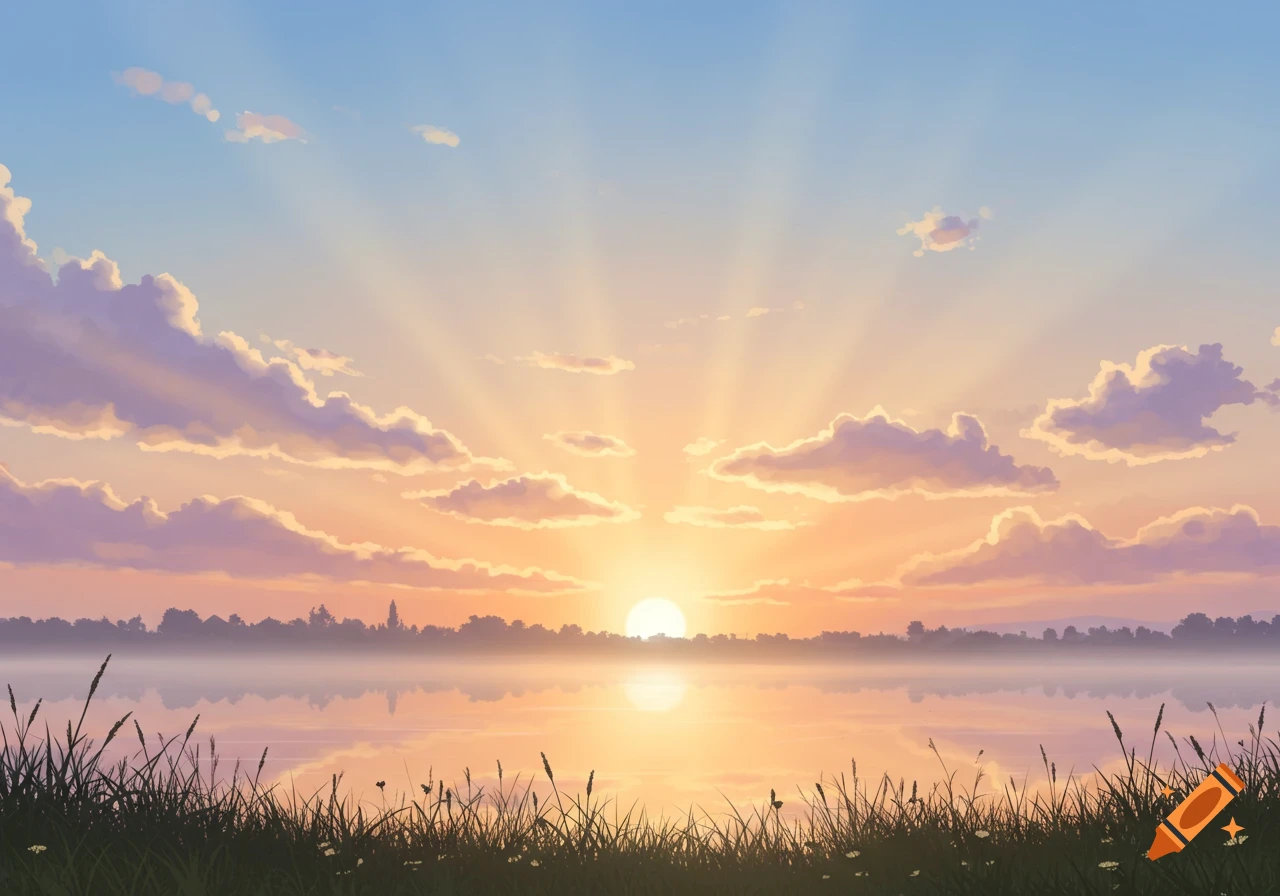 A serene sunrise over a calm lake with silhouetted trees and grass in the foreground, in a stylized anime art style.