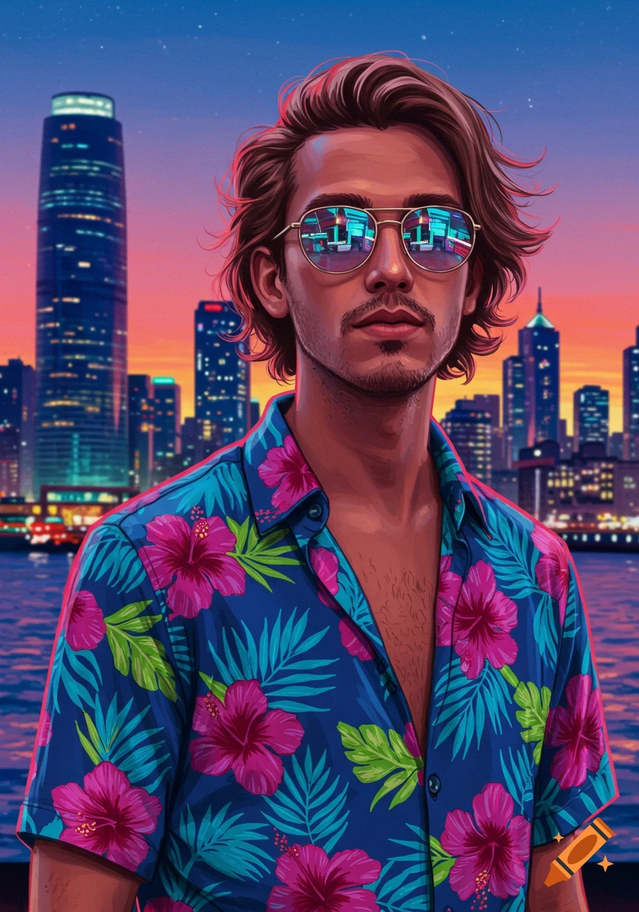 Stylized illustration of a man in a blue floral shirt and sunglasses, with a vibrant sunset city skyline in the background and reflected in his glasses.