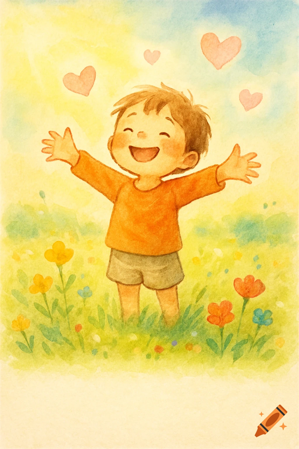 Happy child with arms wide open in a sunny watercolor meadow with floating hearts.