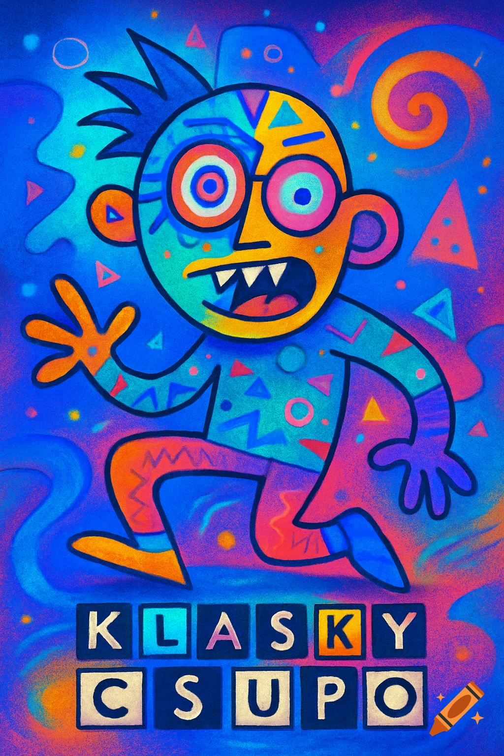 Vibrant, grainy pop art illustration of a colorful cartoon character in a dynamic pose, with 'KLASKY CSUPO' text blocks below.