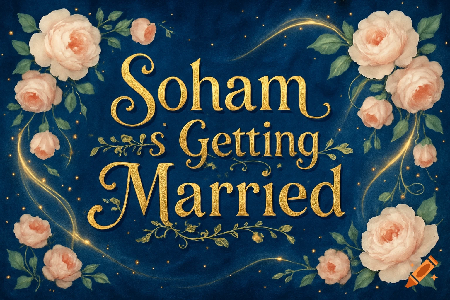 Dark blue banner with golden calligraphy "Soham is Getting Married", adorned with soft pink roses and golden light trails.