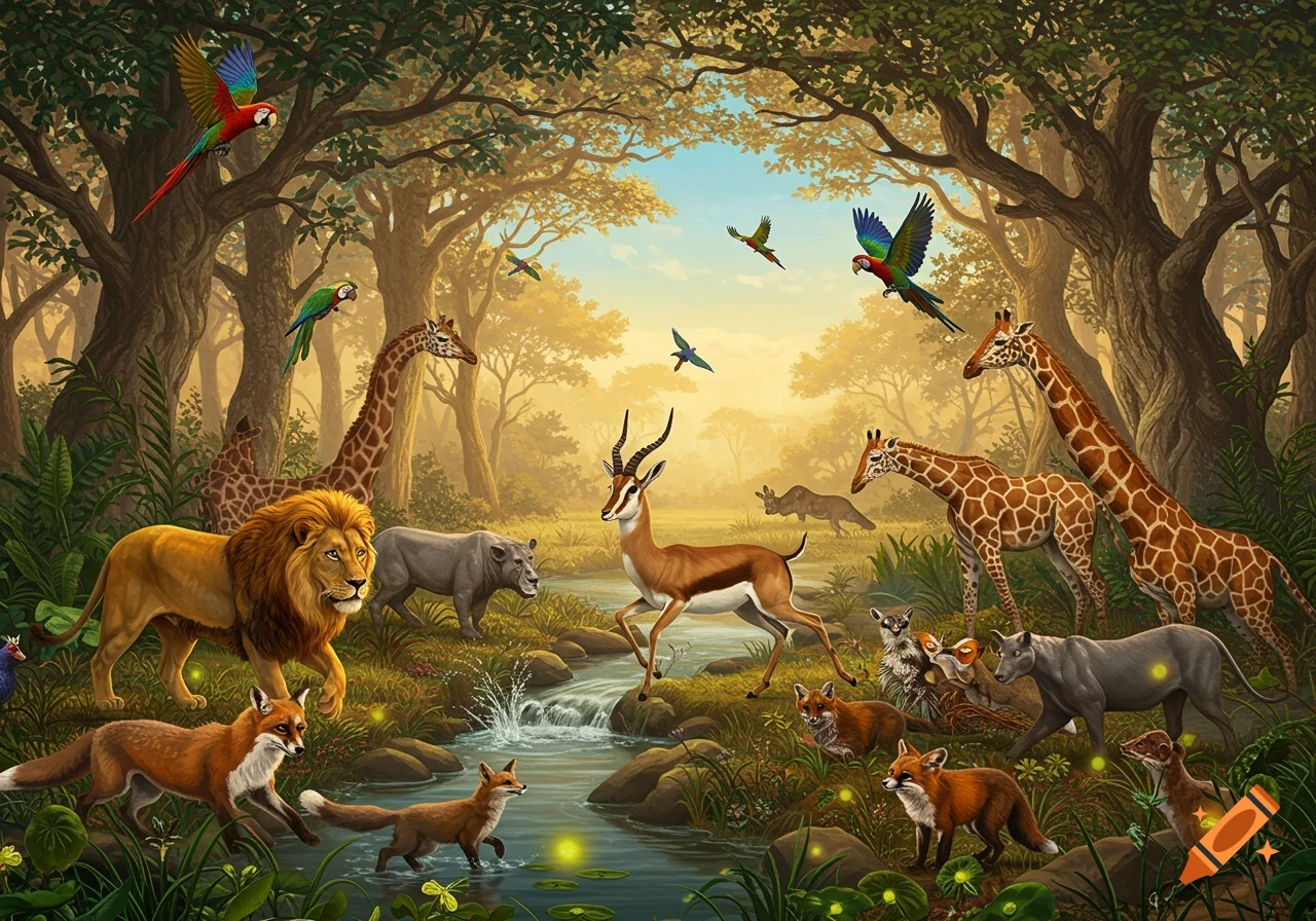 A colorful jungle illustration featuring lions, giraffes, foxes, rhinos, and birds gathered around a flowing stream.