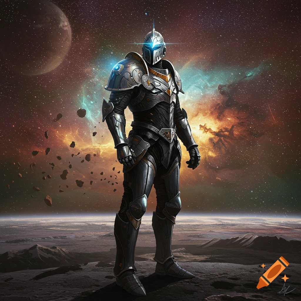 A futuristic knight in elaborate silver and black armor stands on a rocky alien planet, with a vibrant cosmic nebula and other planets in the starry background.