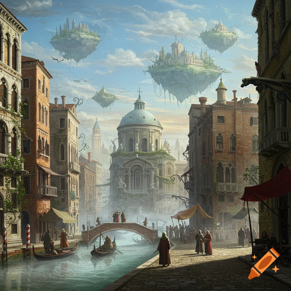 A fantastical cityscape resembling Venice with canals, bridges, market activity, and multiple large floating islands in the sky.