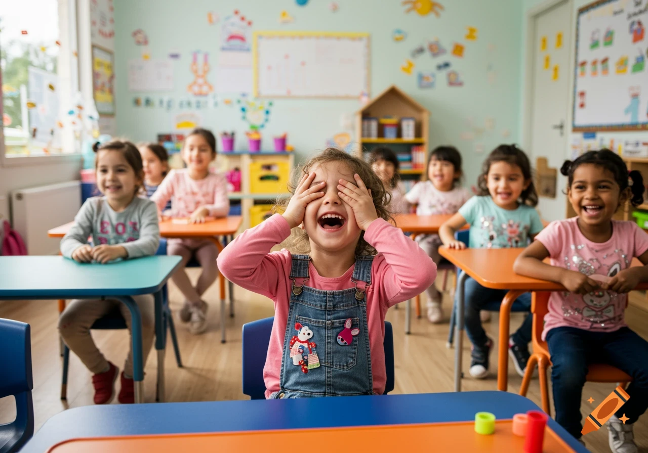 A group of cheerful young girls sitting at desks in a vibrant preschool classroom. One girl in the foreground covers her eyes and laughs, while others smile.