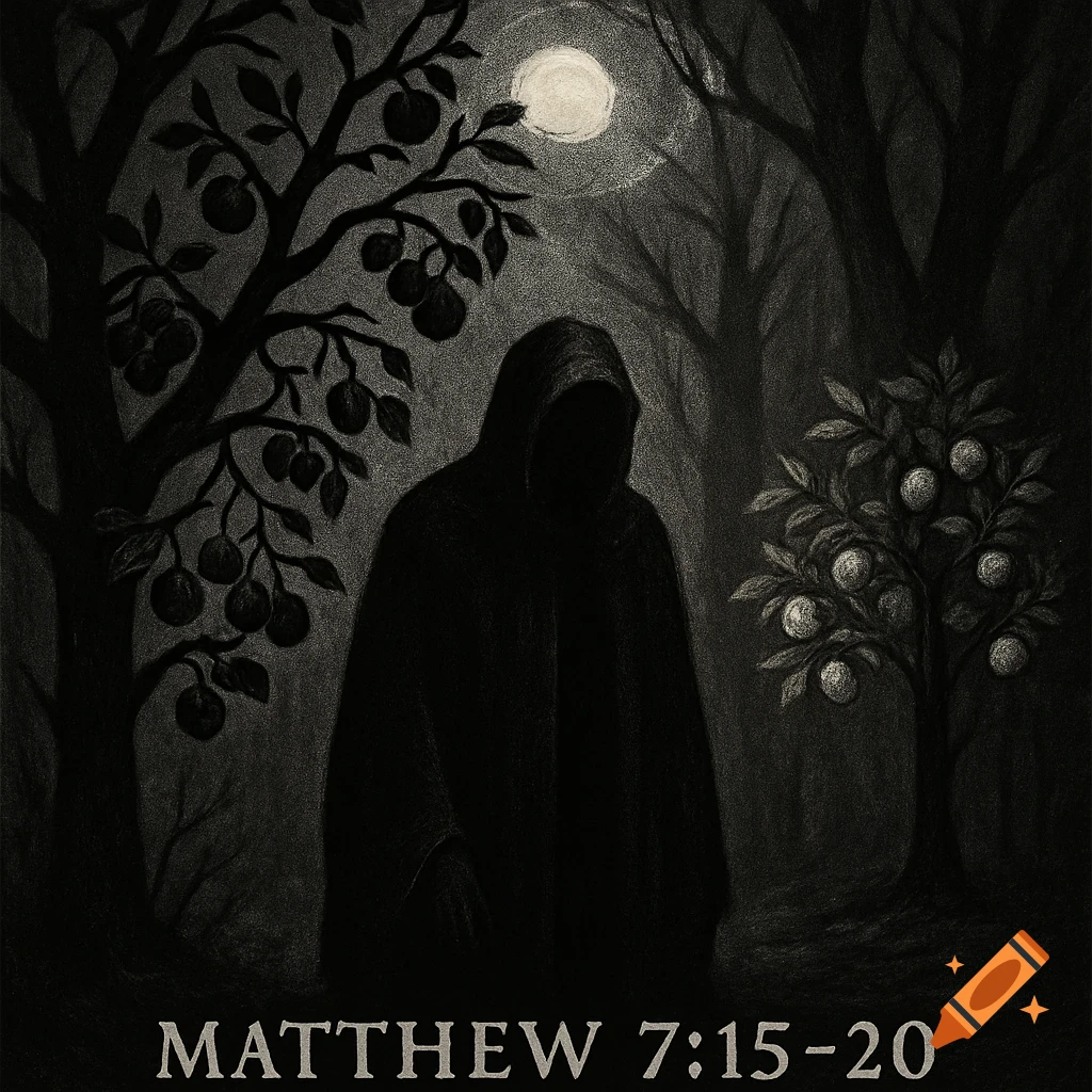 A dark, hooded figure stands in a moonlit, eerie forest with fruit trees. The text 'MATTHEW 7:15-20' is at the bottom. Dark, stylized illustration.