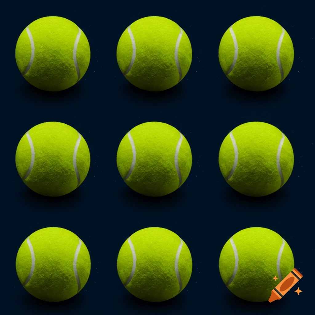 Nine bright yellow-green tennis balls arranged in a 3x3 grid against a dark background.