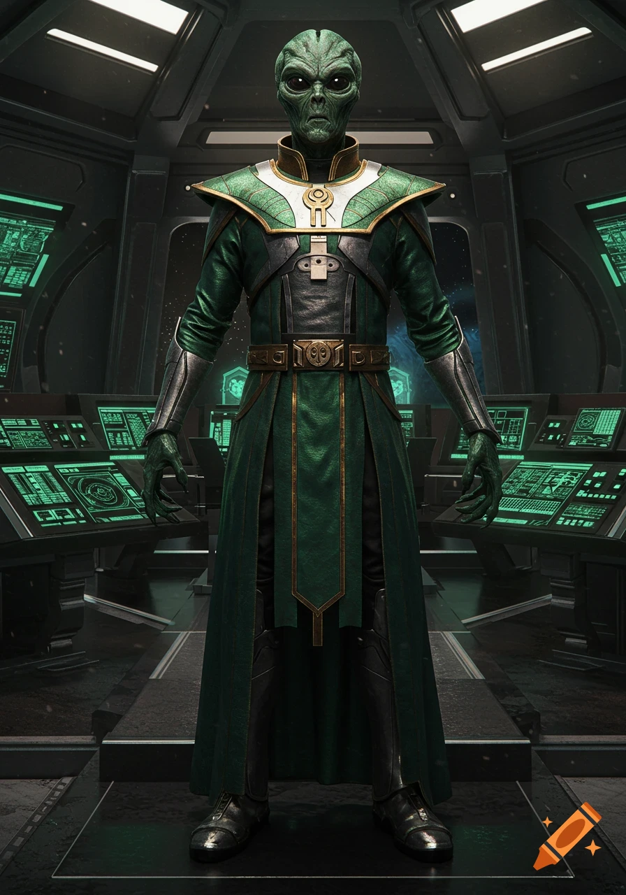 Photorealistic portrait of a green-skinned alien in a futuristic green and silver uniform standing on a spaceship bridge with glowing screens.