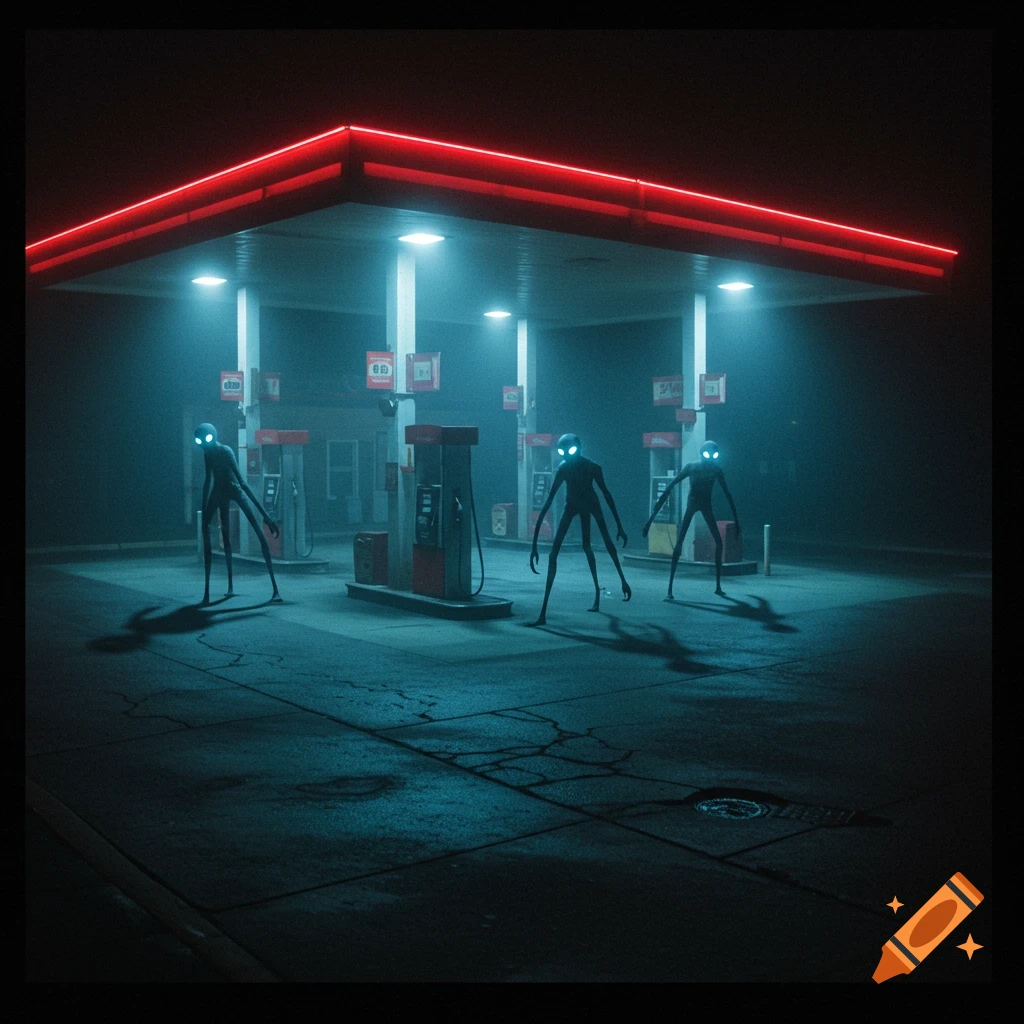 Eerie slender alien creatures with glowing eyes stand in a foggy, neon-lit gas station at night, in a dark sci-fi horror style.