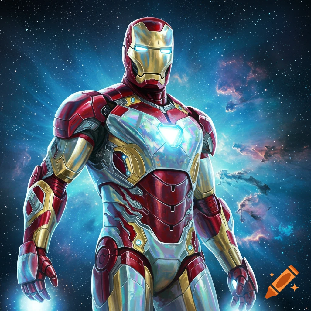 Iron Man in a detailed red, gold, and silver metallic suit with glowing eyes and arc reactor, standing against a vibrant starry galaxy.