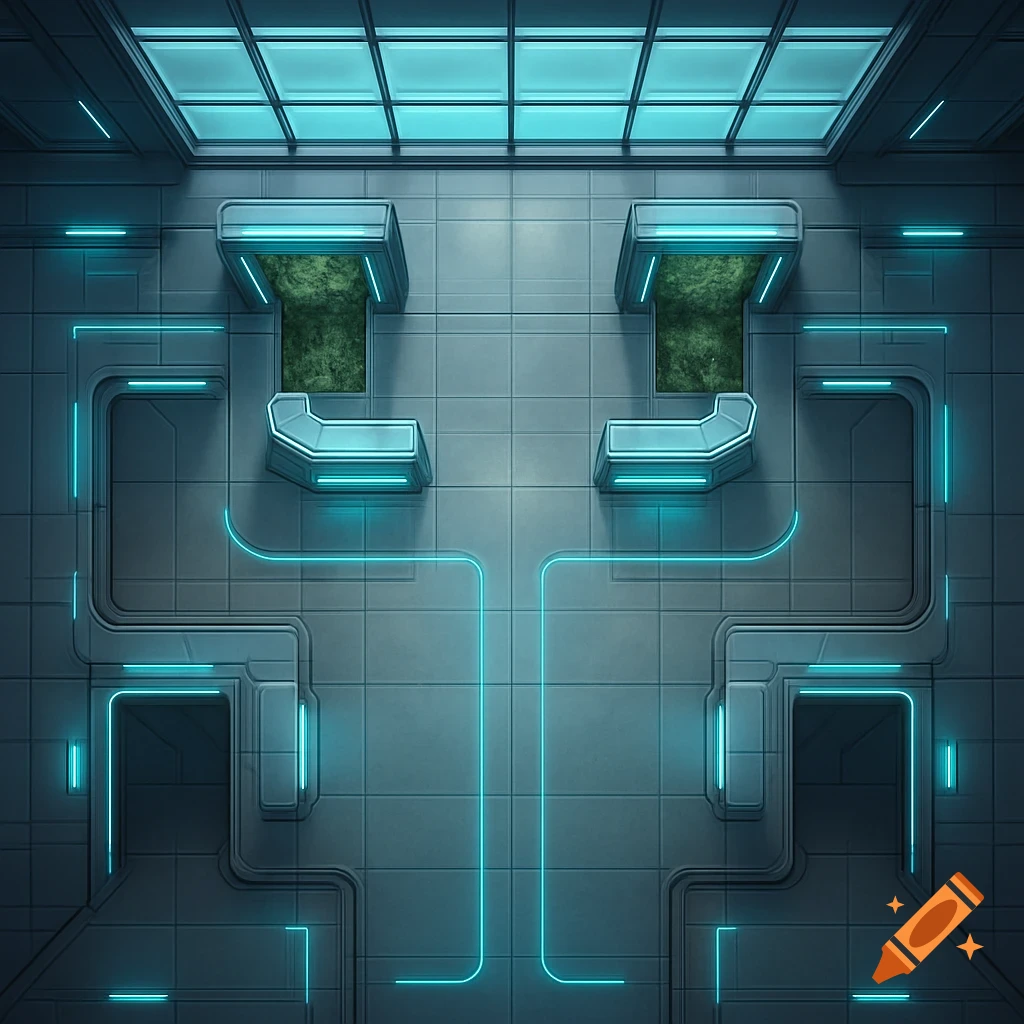 Top-down sci-fi battlemap of a futuristic corporate office entrance with glowing blue lines and green foliage in planters.