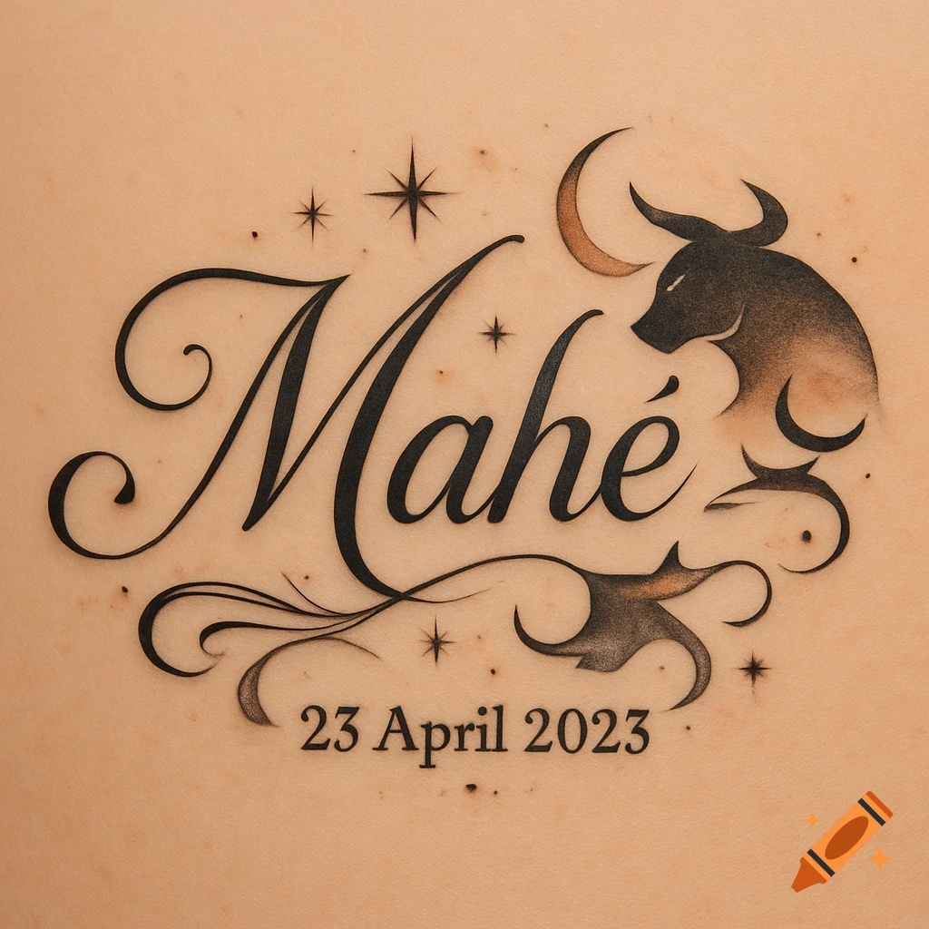 A black and brown tattoo on light skin featuring the name 'Mahé' in script, a bull, crescent moon, stars, and the date '23 April 2023'.
