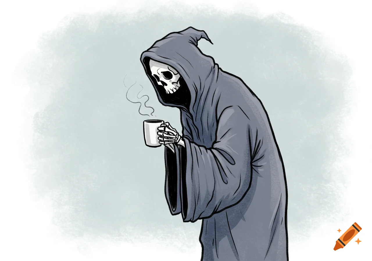 A cartoon of a bored Grim Reaper, a skeletal figure in a dark robe, holding a steaming coffee cup.