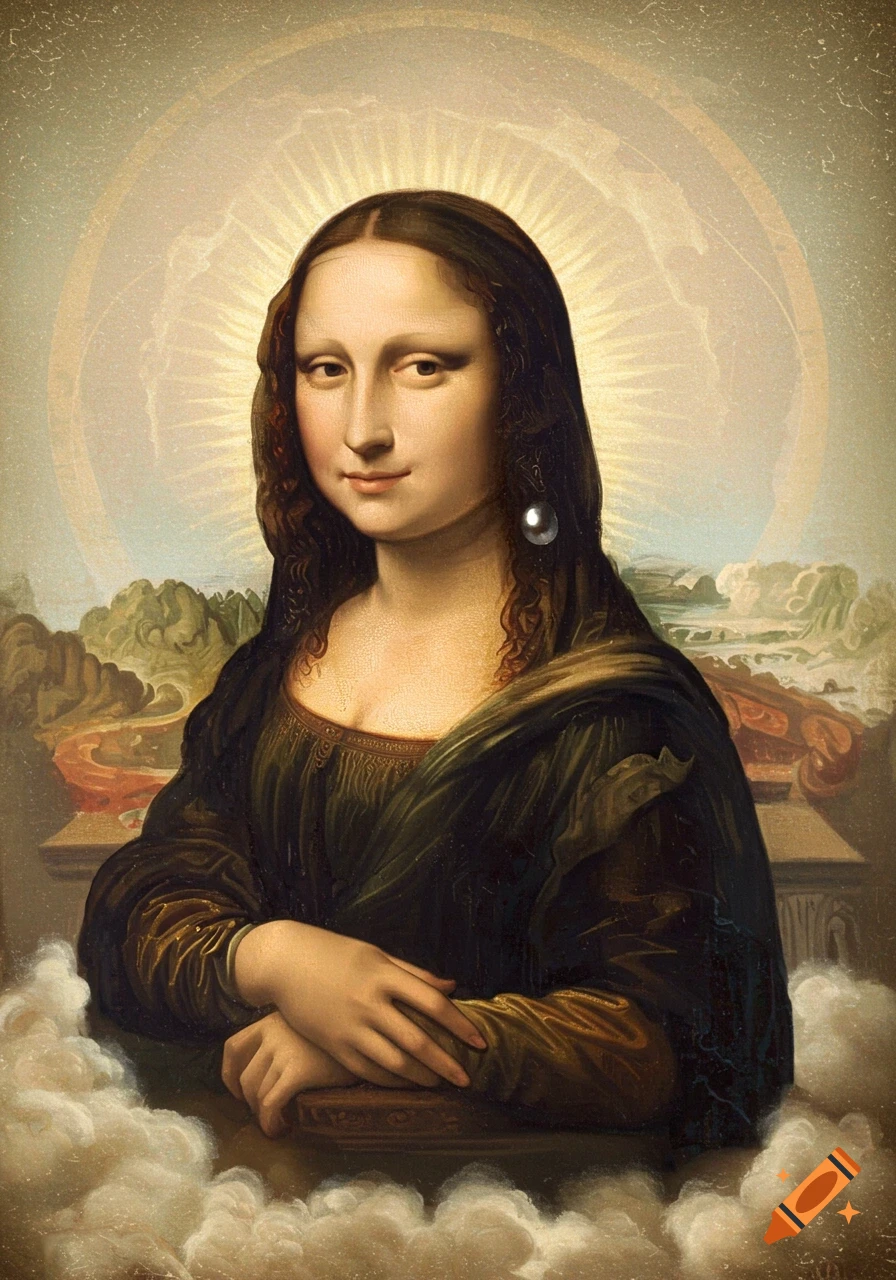A stylized painting of Mona Lisa with a halo, a pearl earring, and seated on clouds, with a fantastical landscape background.