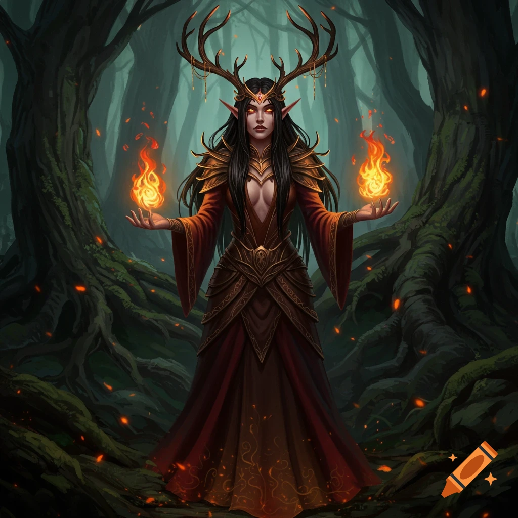 A female elf druid with black hair, antlers, and glowing red eyes stands in a dark forest, holding magical fire in her hands.