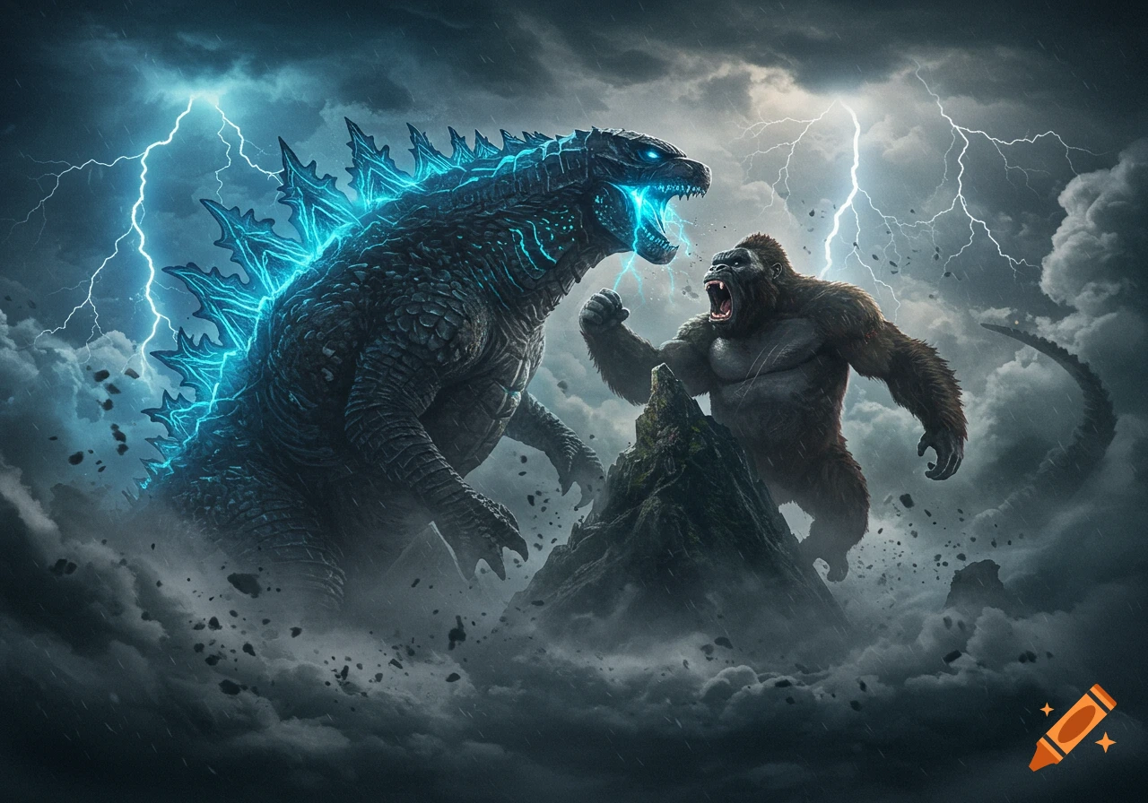Godzilla with glowing blue spines and King Kong roar at each other in a dramatic, stormy sky with lightning.