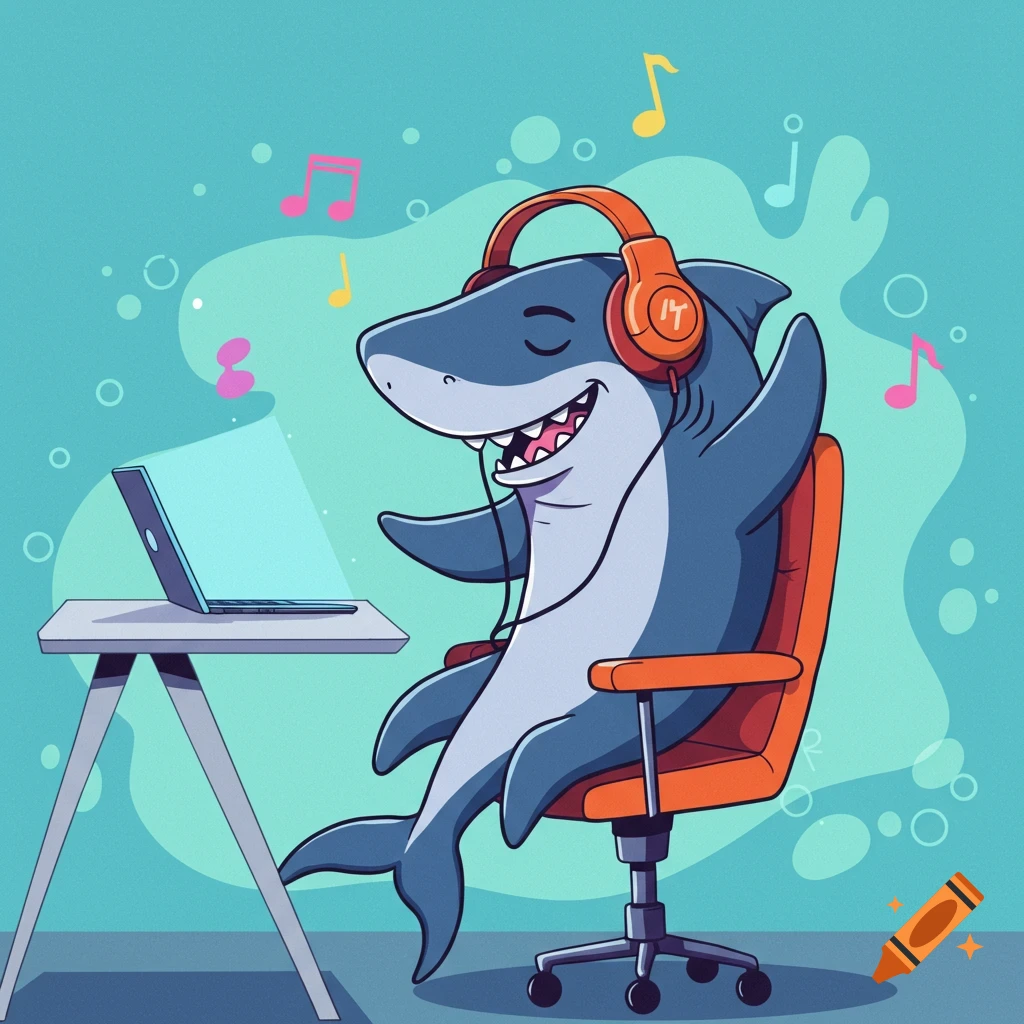 A playful cartoon shark wearing orange headphones, eyes closed, happily listening to music at a desk with a laptop in a vibrant digital illustration.