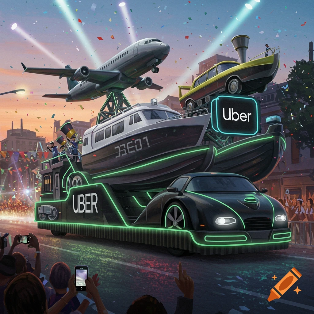 An Uber carnival float in a city parade, featuring a black car, boat, train, and airplane all with green neon accents. Confetti falls from the sky.