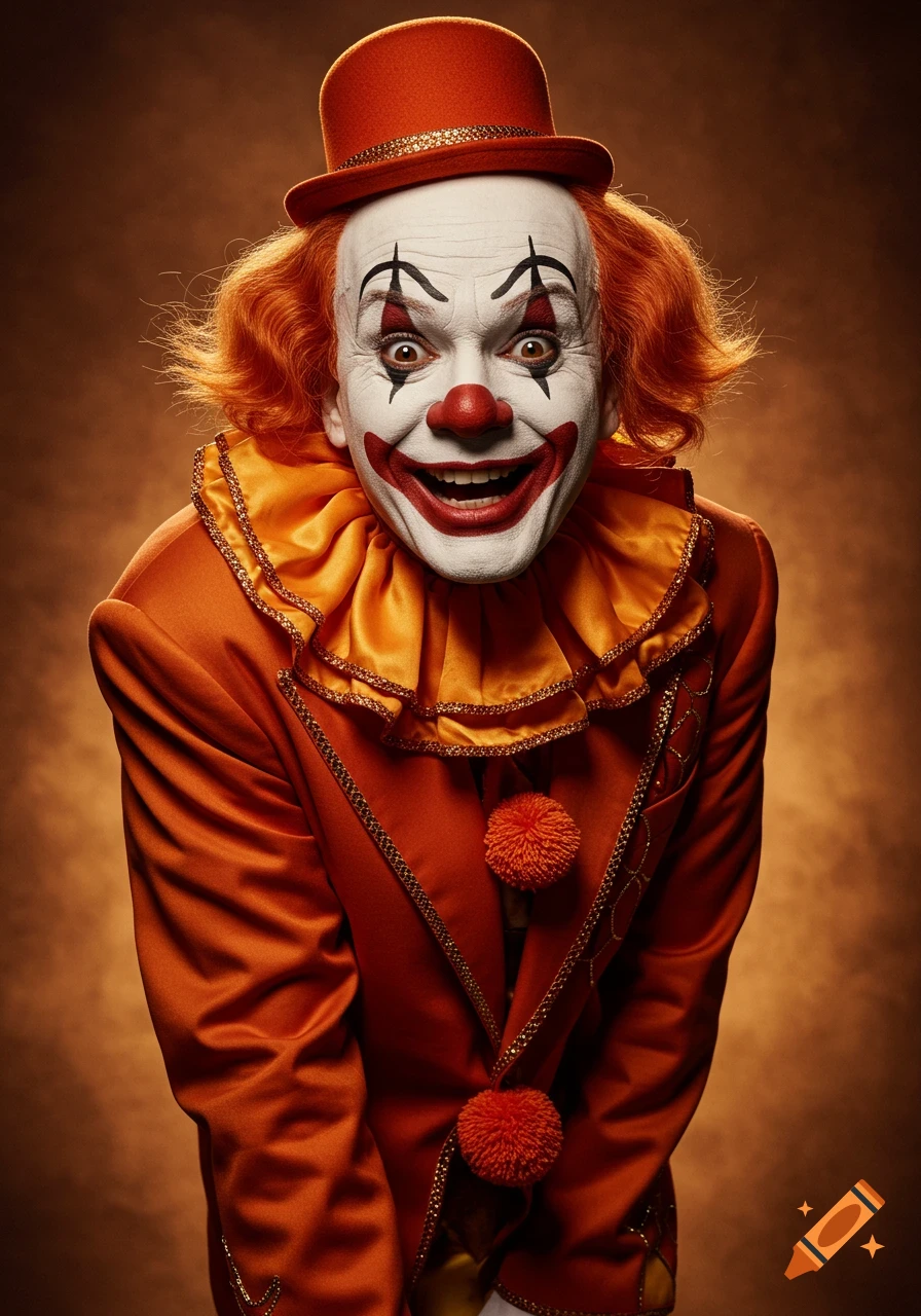 A close-up portrait of a mischievous clown with white face paint, red nose, red smile, and orange hair, wearing an orange suit and hat.