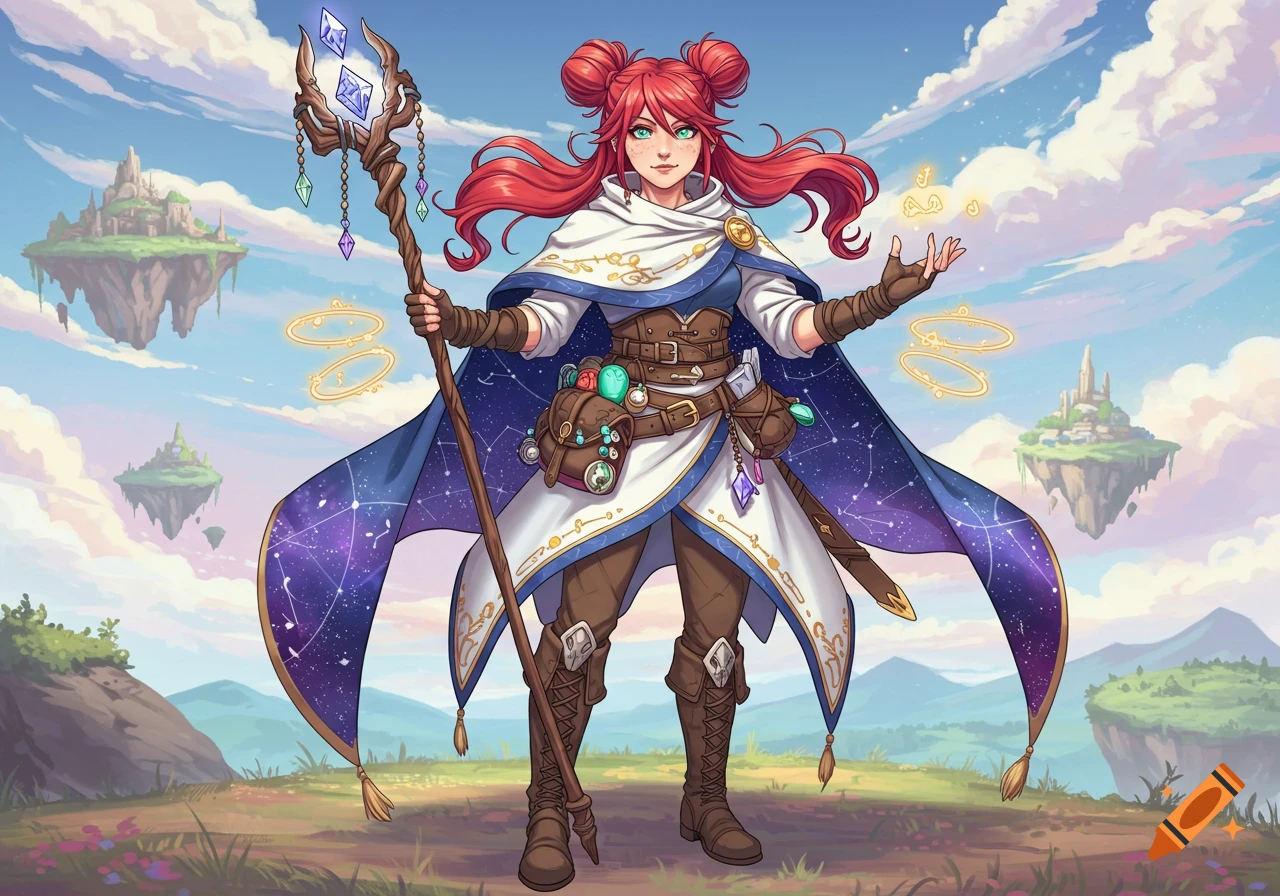 Anime-style red-haired sorceress with a staff and glowing magic, wearing a starry cloak, stands before floating islands.