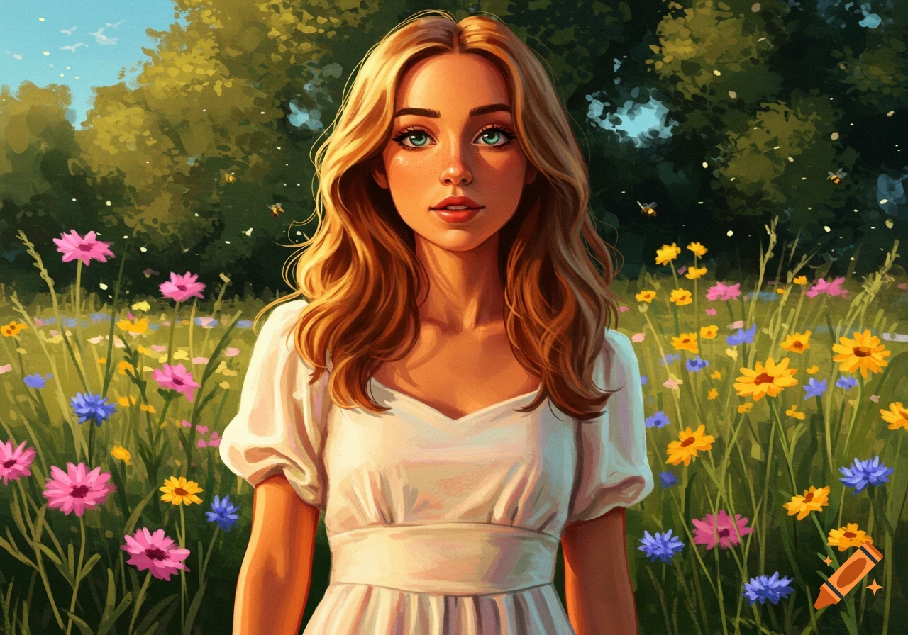 A digital painting of a young woman with long blonde hair and blue eyes, wearing a white dress, standing in a field of colorful wildflowers.