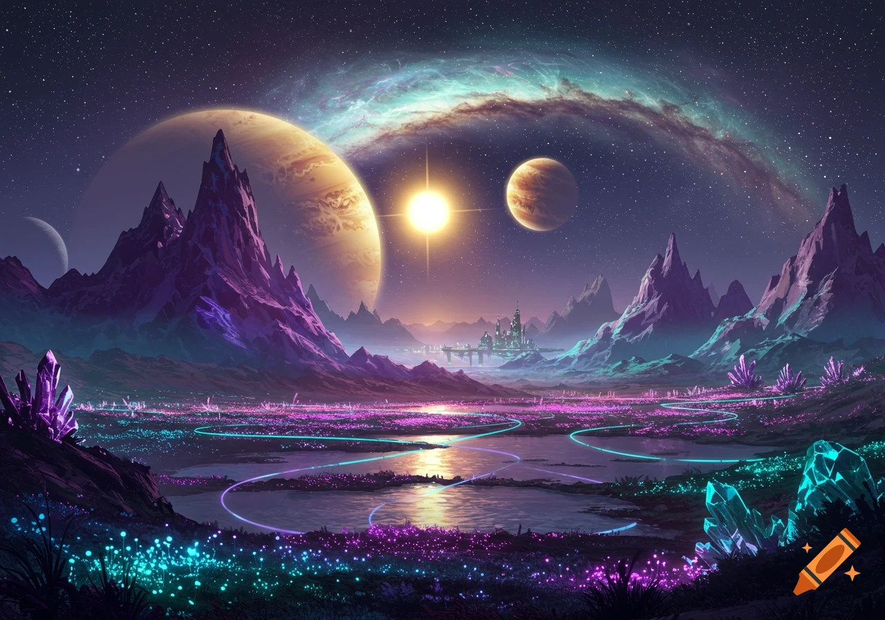 A vibrant, glowing alien landscape with purple mountains, futuristic city, and multiple planets under a nebula sky.