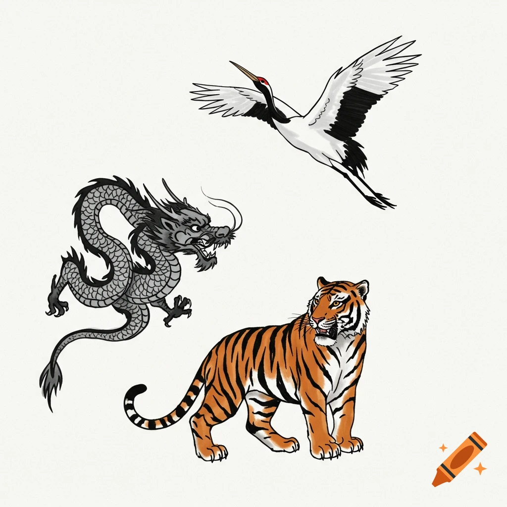 A minimalist traditional Chinese ink brush painting featuring a grey dragon, an orange and black tiger, and a white crane on a white background.