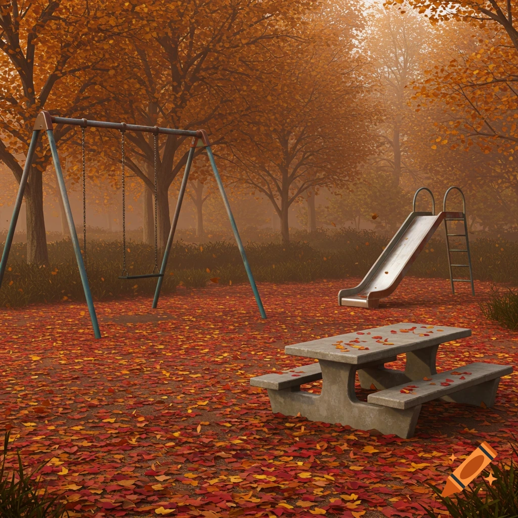 An empty playground in autumn with a swing set, slide, and concrete picnic table covered in fallen orange and red leaves.