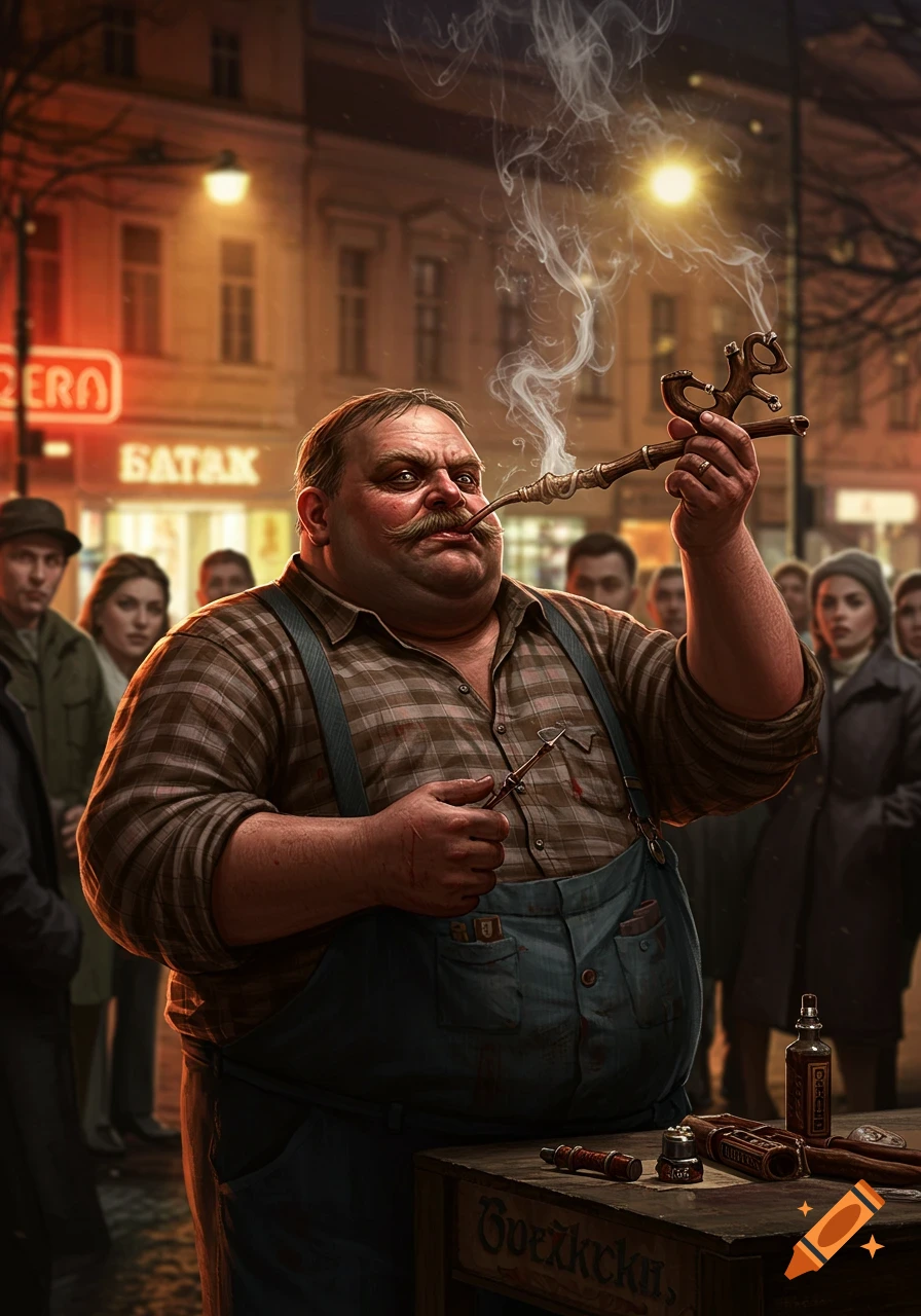 A stout man with a mustache and suspenders smokes an ornate pipe on a dimly lit city street, surrounded by bystanders.