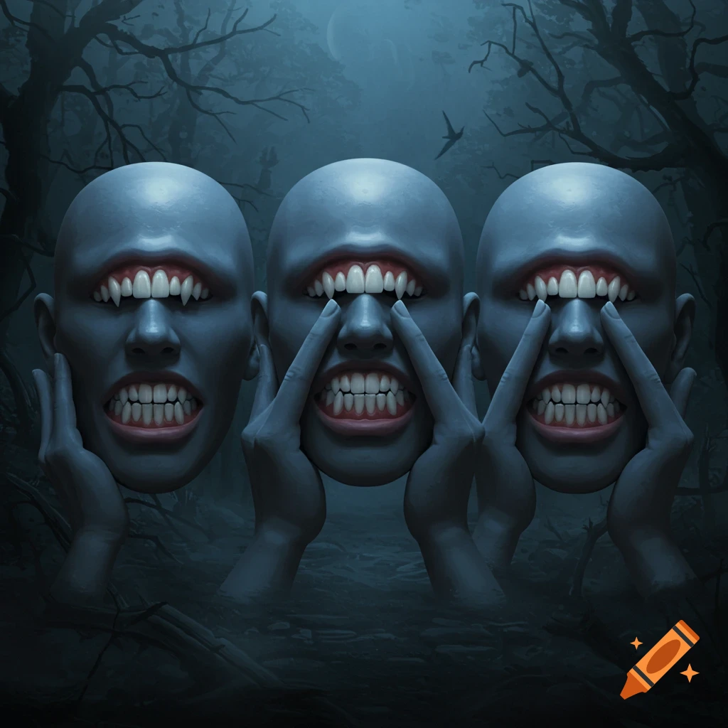 Three bald, pale heads with mouths full of sharp teeth instead of eyes and mouths, with hands manipulating their faces in a dark, eerie forest.
