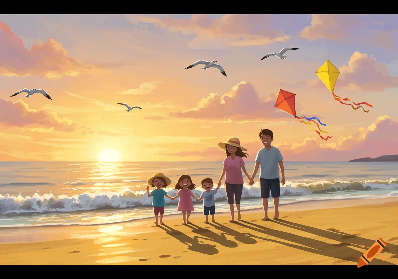 Illustrated family walks hand-in-hand on a golden beach at sunset with kites flying and seagulls overhead.